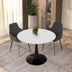 Tavolo da pranzo rotondo bianco / nero / bianco marmorizzato per 4 persone, base a piedistallo, piano in MDF