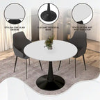 Tavolo da pranzo rotondo bianco / nero / bianco marmorizzato per 4 persone, base a piedistallo, piano in MDF