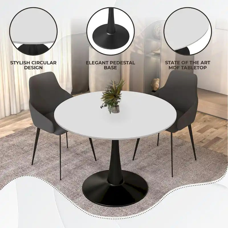 Tavolo da pranzo rotondo bianco / nero / bianco marmorizzato per 4 persone, base a piedistallo, piano in MDF