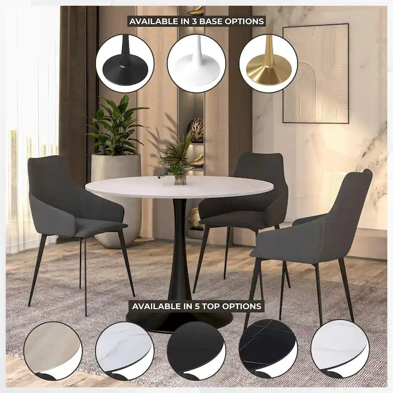 Tavolo da pranzo rotondo bianco / nero / bianco marmorizzato per 4 persone, base a piedistallo, piano in MDF