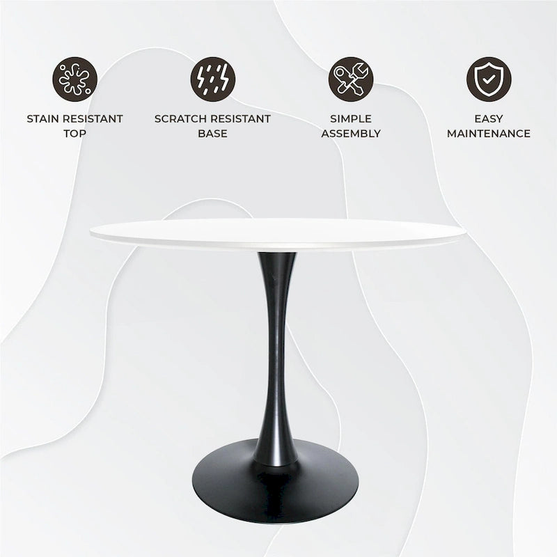 Tavolo da pranzo rotondo bianco / nero / bianco marmorizzato per 4 persone, base a piedistallo, piano in MDF