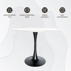 Tavolo da pranzo rotondo bianco / nero / bianco marmorizzato per 4 persone, base a piedistallo, piano in MDF