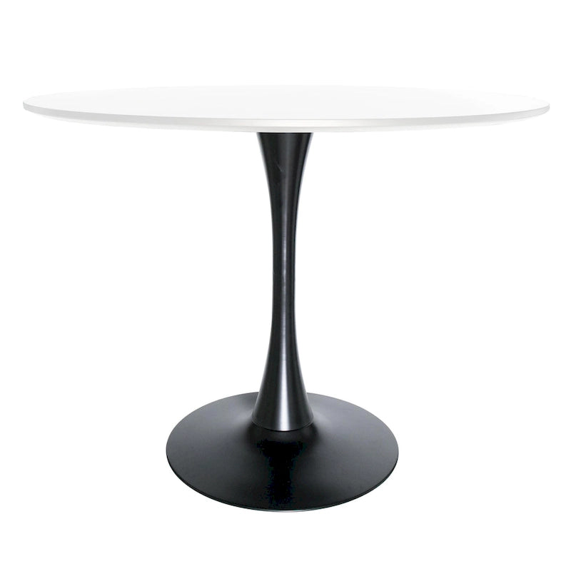 Tavolo da pranzo rotondo bianco / nero / bianco marmorizzato per 4 persone, base a piedistallo, piano in MDF