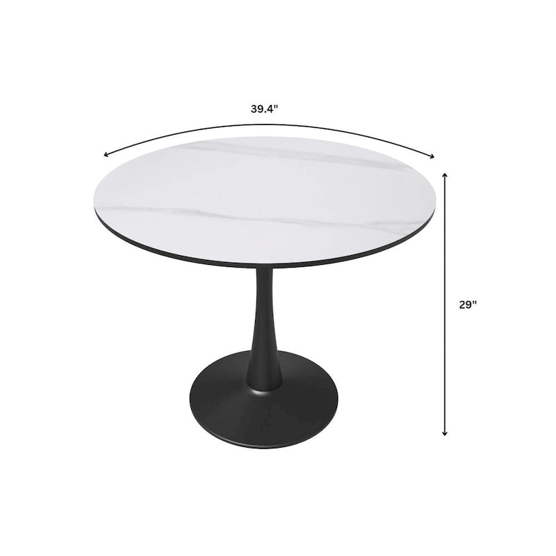 Tavolo da pranzo rotondo bianco / nero / bianco marmorizzato per 4 persone, base a piedistallo, piano in MDF