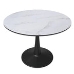 Tavolo da pranzo rotondo bianco / nero / bianco marmorizzato per 4 persone, base a piedistallo, piano in MDF