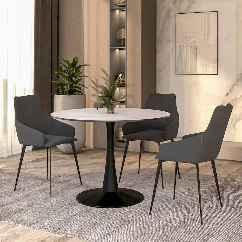 Tavolo da pranzo rotondo bianco / nero / bianco marmorizzato per 4 persone, base a piedistallo, piano in MDF