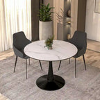 Tavolo da pranzo rotondo bianco / nero / bianco marmorizzato per 4 persone, base a piedistallo, piano in MDF