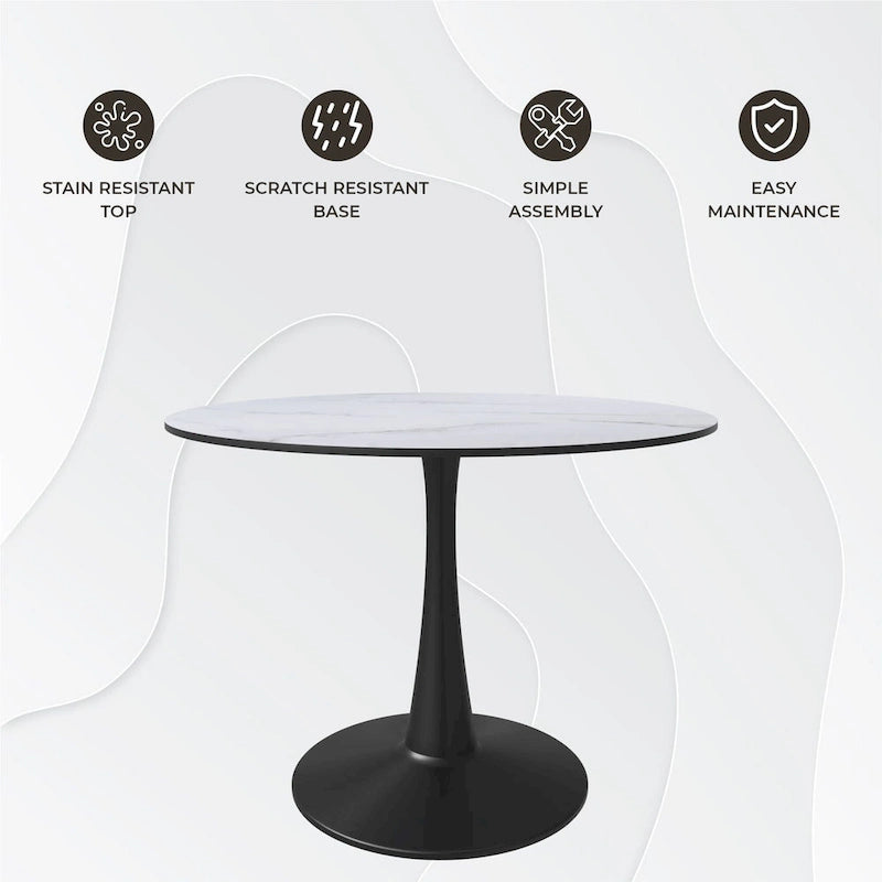 Tavolo da pranzo rotondo bianco / nero / bianco marmorizzato per 4 persone, base a piedistallo, piano in MDF