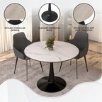 Tavolo da pranzo rotondo bianco / nero / bianco marmorizzato per 4 persone, base a piedistallo, piano in MDF