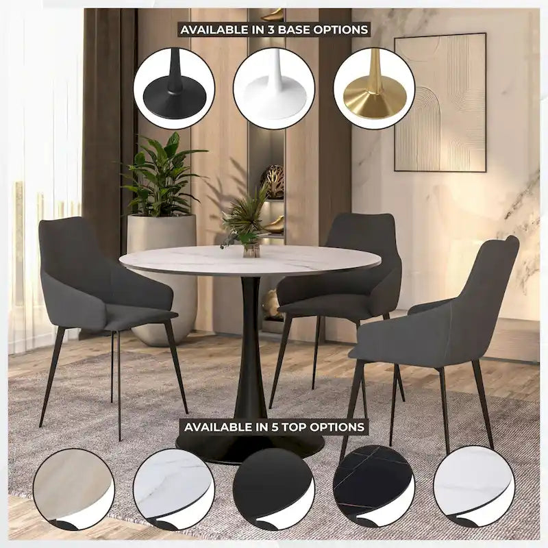 Tavolo da pranzo rotondo bianco / nero / bianco marmorizzato per 4 persone, base a piedistallo, piano in MDF