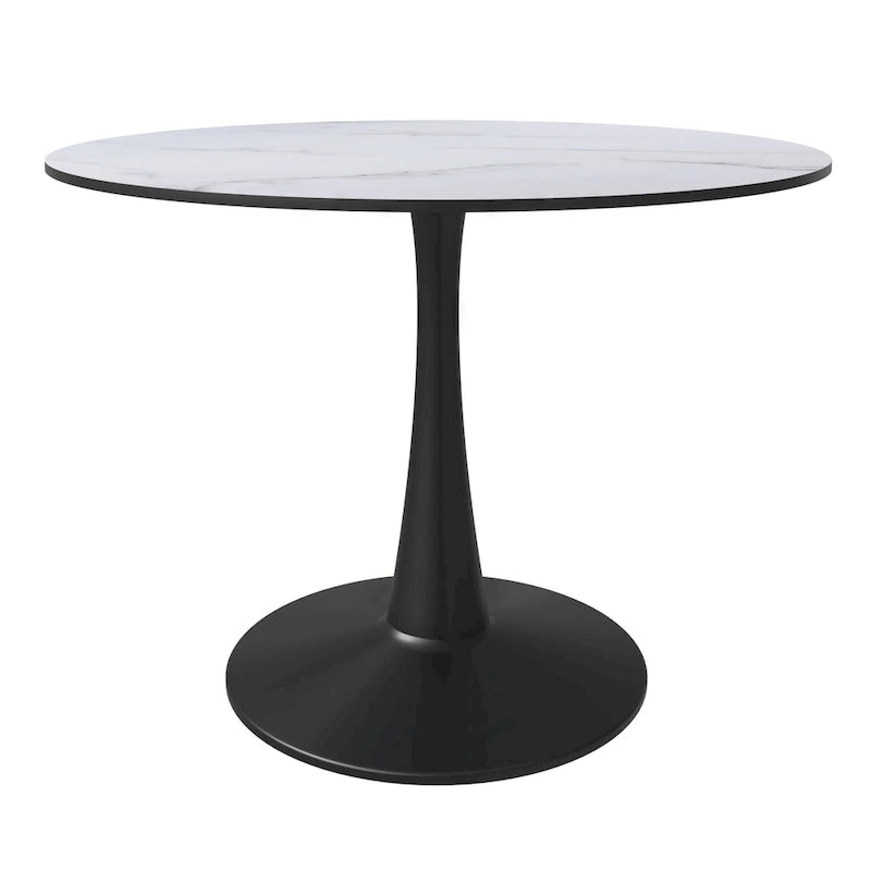 Tavolo da pranzo rotondo bianco / nero / bianco marmorizzato per 4 persone, base a piedistallo, piano in MDF