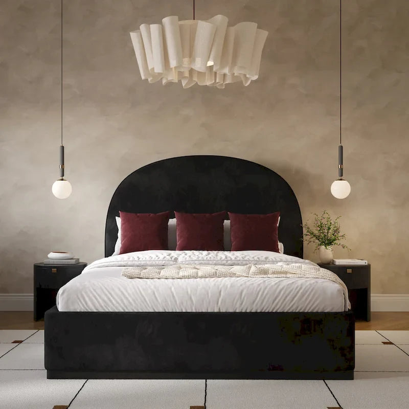 Letto king size rivestito in velluto nero/crema – 1 persona