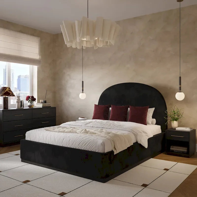 Letto king size rivestito in velluto nero/crema – 1 persona